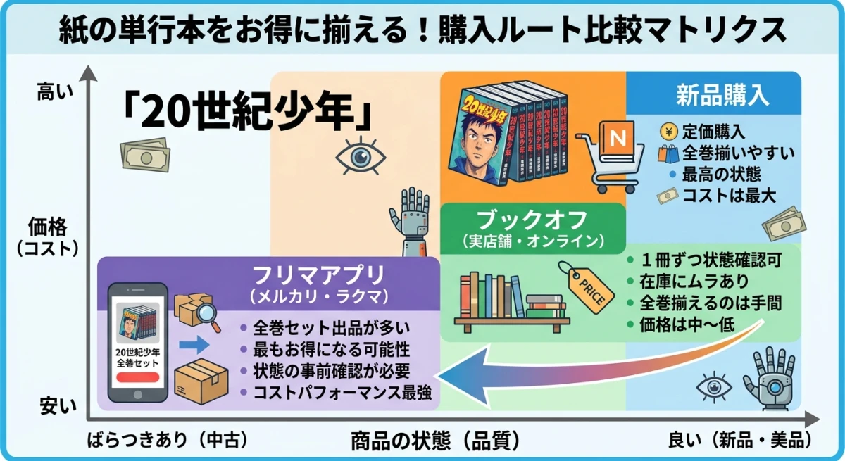 紙の単行本をお得に入手するための購入経路比較図