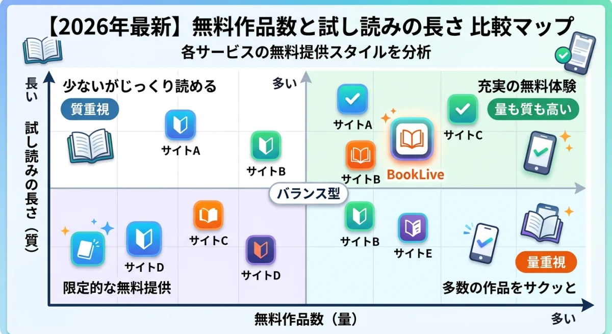 各漫画サービスの無料作品数と試し読みページ数を比較したマッピング図。