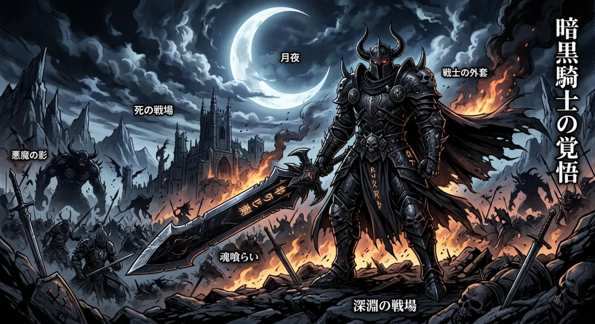 漫画ベルセルクの世界観を表現した、巨大な剣を持つ黒い鎧の戦士と悪魔的な影