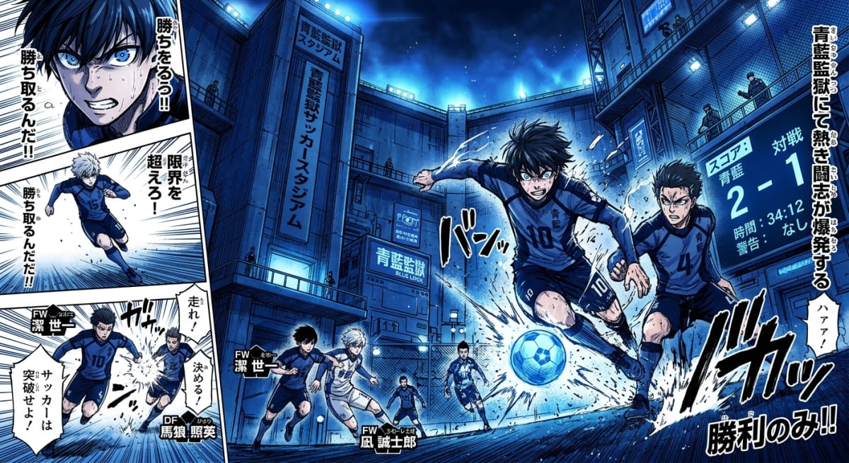 ブルーロックの巨大な閉鎖施設内でサッカーに燃える若者たちを描いたデジタルイラスト