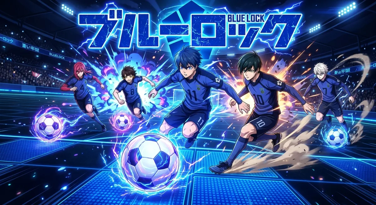 ブルーロックの魅力3選を表す躍動感あふれるサッカーボールと競い合う若い選手たちのデジタルイラスト