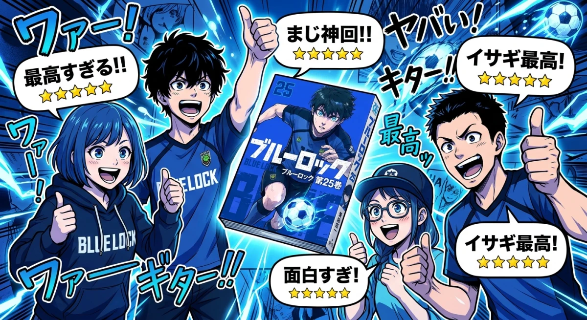 ブルーロックの漫画を手に持ちながら高評価の口コミを表現する読者たちのデジタルイラスト
