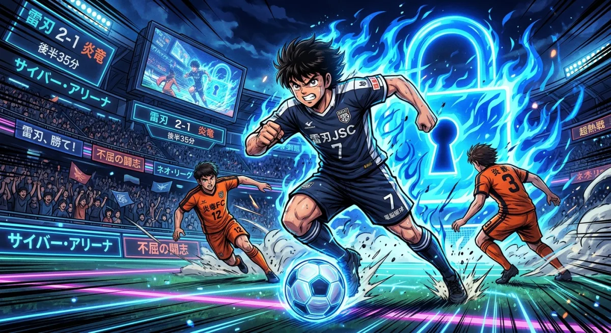 ブルーロックの世界観を表す、青い炎と錠前のモチーフを背景に、フューチャリスティックなスタジアムで激しく躍動するサッカー選手たちのデジタルイラスト