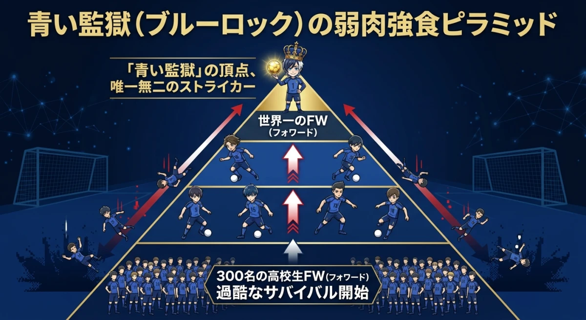 ブルーロック施設のサバイバル構造を示すピラミッド図：底辺の300人のストライカーが脱落を繰り返し、頂点の最強の1人へと絞り込まれていく過程を表したインフォグラフィック