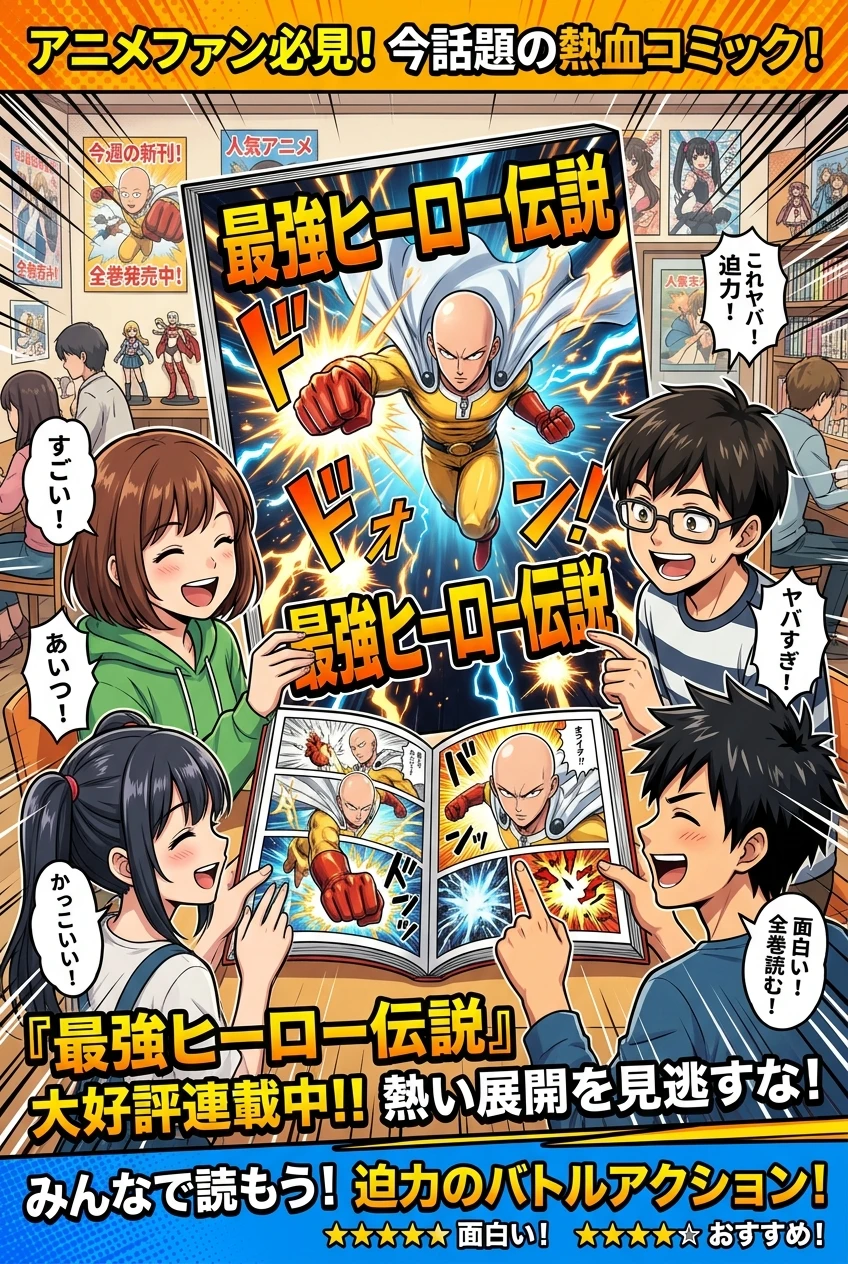 ワンパンマンのおすすめ読者層を示す、様々なファンが力強いヒーローが描かれた漫画を読んでいるデジタルイラスト