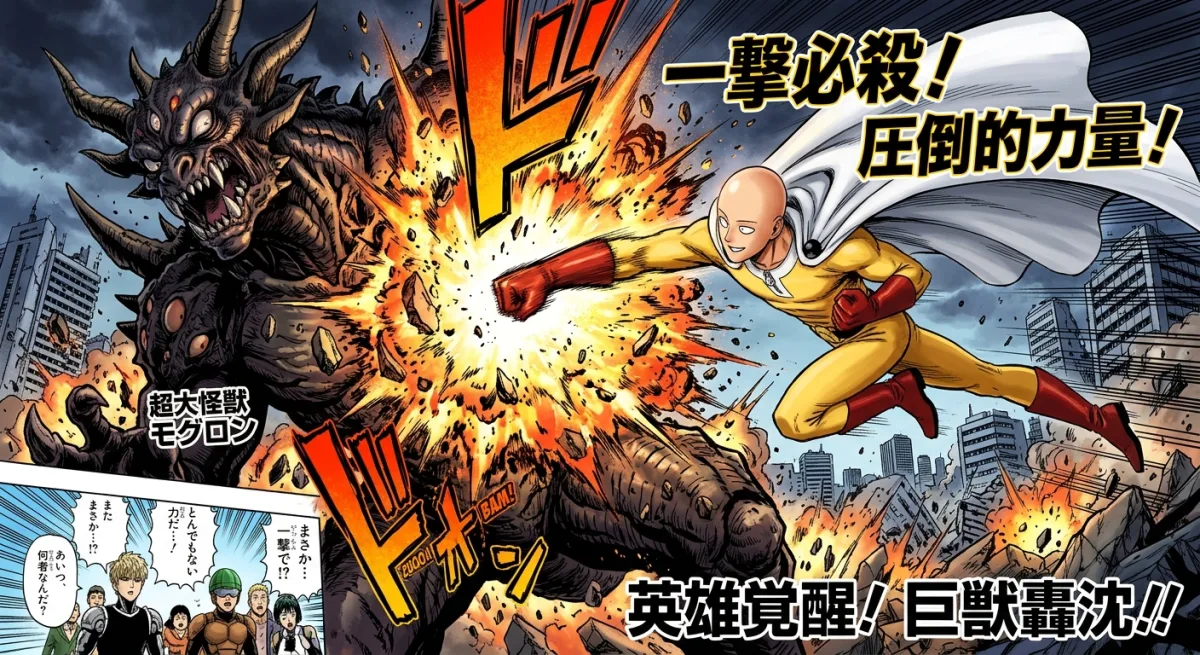 圧倒的な強さを持つハゲ頭のヒーローがワンパンで巨大モンスターを倒す迫力のデジタルイラスト