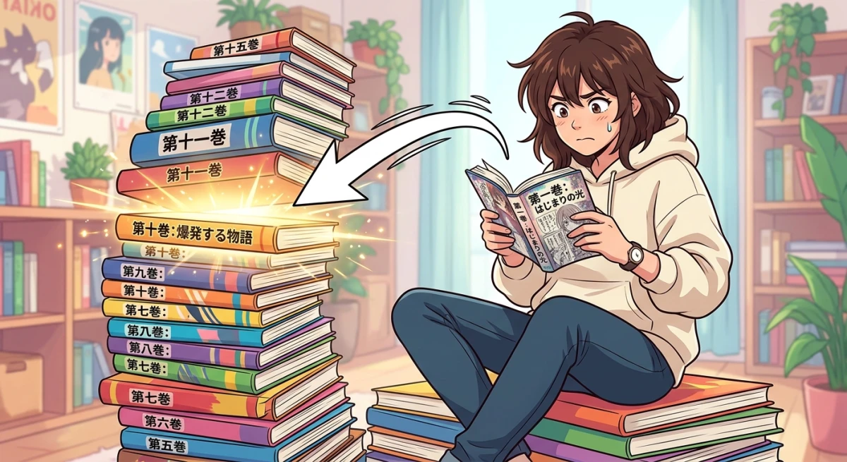 漫画の積み重なった本の上に座り「どこから読むべきか」悩む人物が光る巻を指し示されているデジタルイラスト