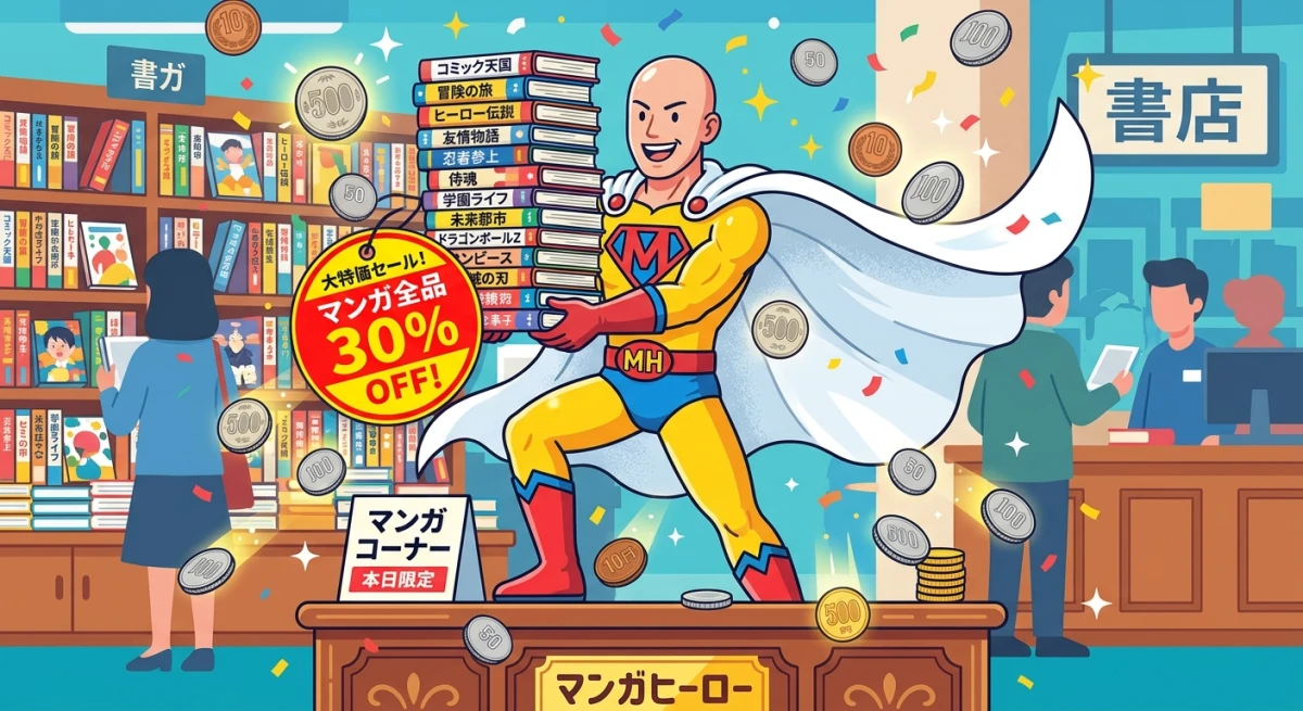 白いマントと黄色いスーツを着た禿頭のヒーローがお得な価格タグとコインに囲まれながら漫画本を持っているデジタルイラスト
