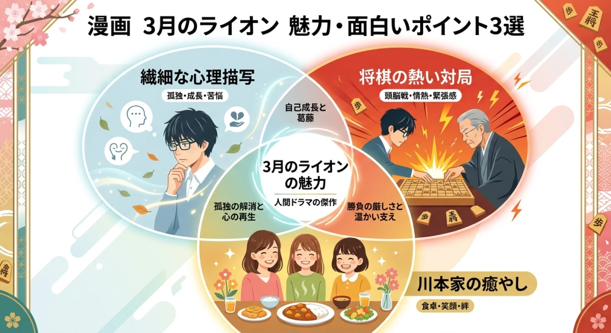 『3月のライオン』の3つの魅力を表す図解