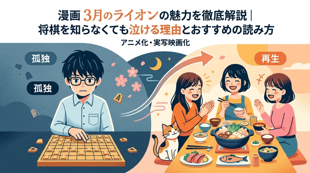 将棋の孤独と川本家の温かな日常が交差する『3月のライオン』のイメージイラスト