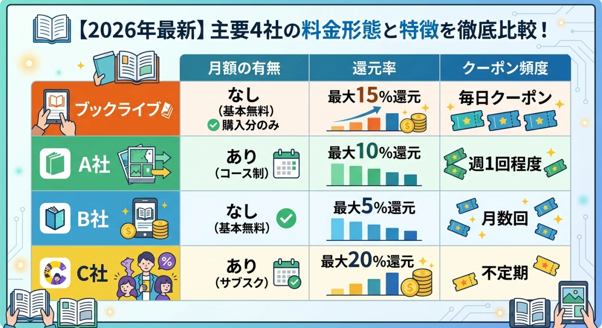 ブックライブ、ebookjapan、コミックシーモア、めちゃコミックの料金体系と還元率を比較した表。