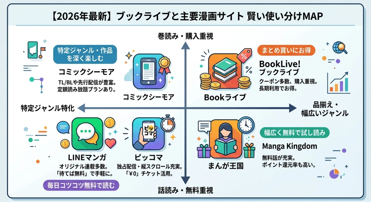 主要漫画サービス5社の特徴を整理した最終まとめ比較図。