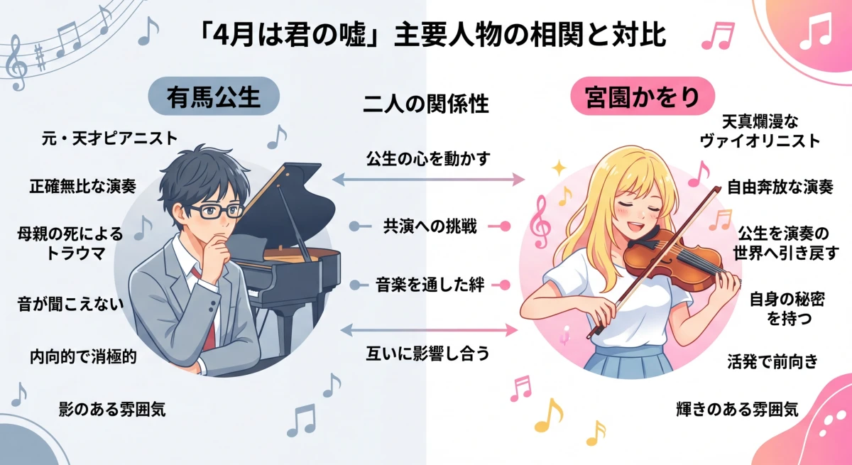 有馬公生と宮園かをりの性格や役割を対比させたキャラクター相関図